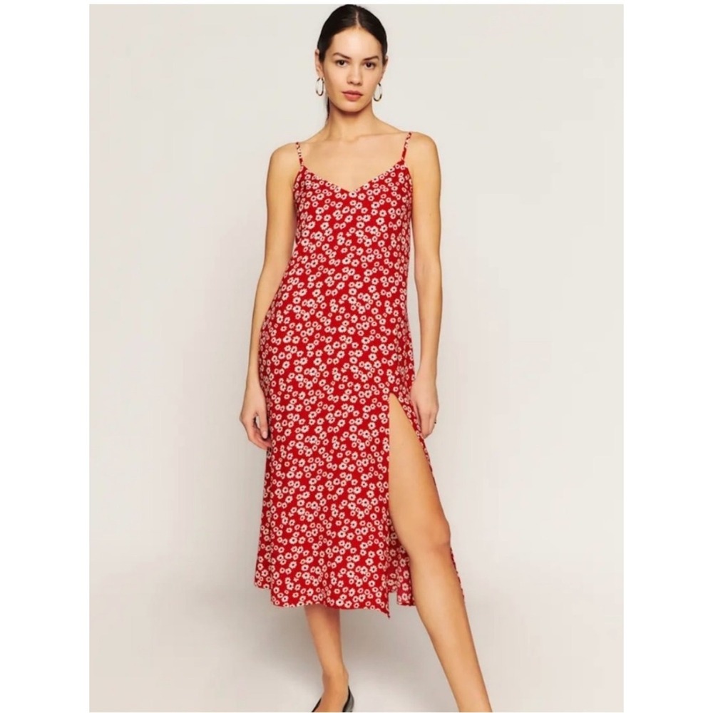REFORMATION Red and White Floral Crimini Side Slit Slip Dress Midi size 12